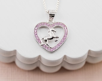 Kleine Mädchen Sterling Silber Pferd Charm Halskette, Kinder rosa Herz Pferd Schmuck, Geschenk für Pferdeliebhaber Cowgirl Geburtstag, Teens Pferd Anhänger