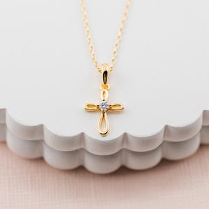 Childrens 14K Gold Cross Necklace, Girls First Communion Gift, Kids Gold Cross Charm Necklace, Baby Baptism Christening Confirmation Jewelry