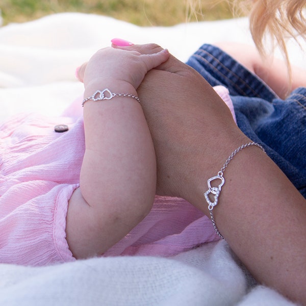 Set di braccialetti in argento sterling mamma e me in 2 pezzi, CUORI INTRECCIATI PER SEMPRE, Festa della mamma, Madre figlia, Braccialetti coordinati, Regalo per la nascita del bambino