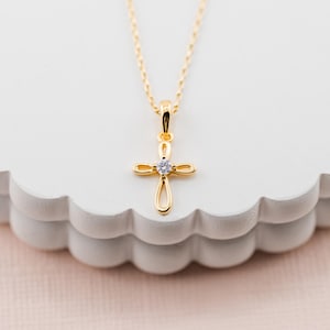Children&#39;s Custom 14K Gold-Plated Infinity Cross Pendant Necklace, Girls First Communion Gift, Kids Gold Cross Charm Necklace, Confirmation