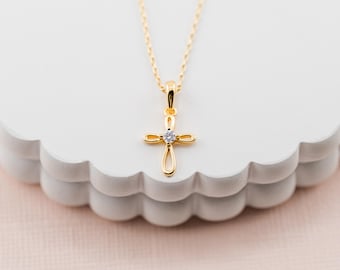 Children&#39;s Custom 14K Gold-Plated Infinity Cross Pendant Necklace, Girls First Communion Gift, Kids Gold Cross Charm Necklace, Confirmation