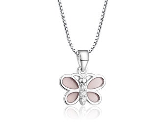 Children's Sterling Silver Pink Butterfly Charm Necklace with CZs Gift for Little Girls, Toddler, Kids Necklace, Childs Jewelry, 14 inch