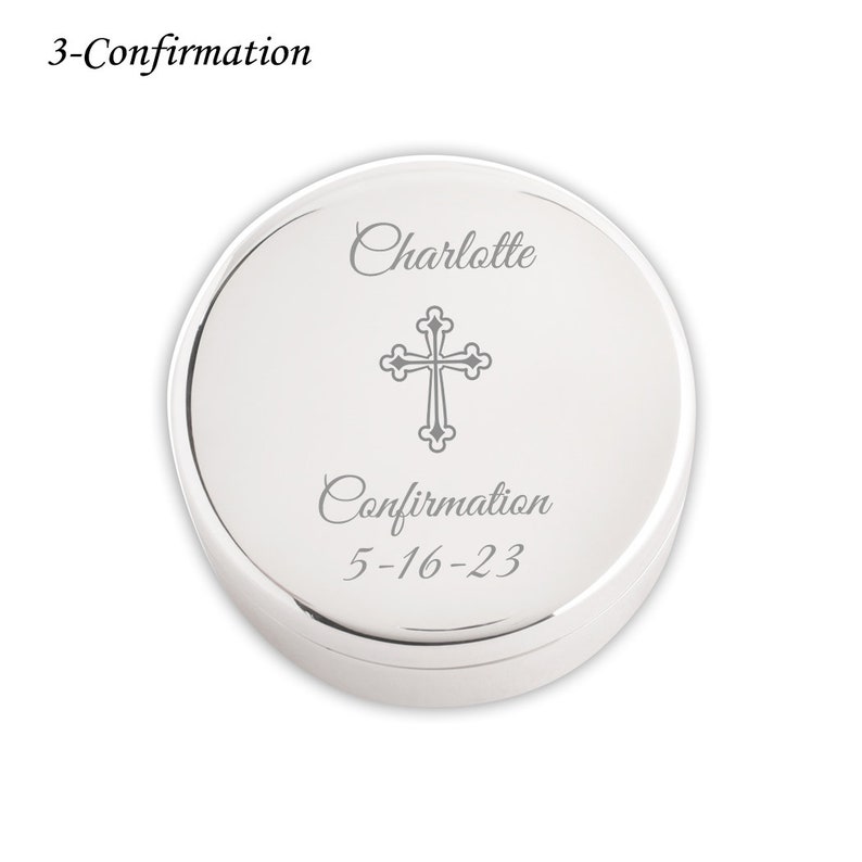 Personalized Baptism Gift for Girls, Silver Round Jewelry Box, FREE Engraved Name and Cross, Custom First Communion Gift, Infant Christening 3-Confirmation-Fancy