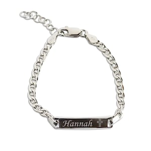 Bracelet d'identification en argent sterling avec croix, cadeau de première communion pour garçons et filles, baptême de bébé, baptême de bébé, dédicace, gravure gratuite