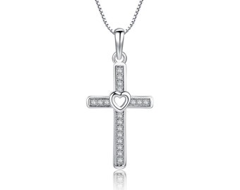 Children's Sterling Silver CZ Cross Necklace and Heart, First Holy Communion or Confirmation Gift for Girls, Kids Silver Cross Necklace