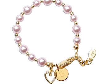 14K Gold-Plated, Pink Pearl & Heart Charm Bracelet with Optional Initial Personalized Infant, Baby, Toddler, Girls Jewelry Valentines Gift