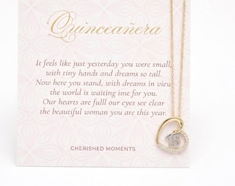 Sterling Silver and 14K Gold-Plated Quinceañera Necklace for Girls with Heart Pendant and has Fifteen CZ Stones for Sweet 15 Birthday Gift