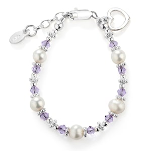 Sterling Silver Baby Bracelet with Pearls and Lavender Crystals, Toddler and Little Girls Jewelry, Valentines Gift, Kids Heart Bracelet