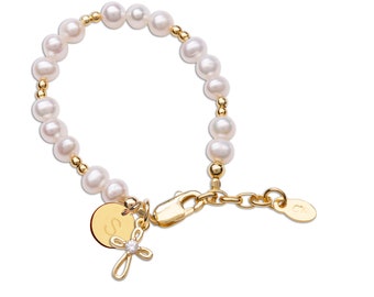 14K Gold-Plated Pearl & Cross Charm Bracelet with Optional Initial Coin  Personalized Baptism, Christening, First Communion, Christian Gift