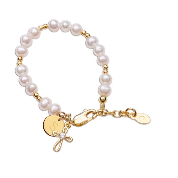 14K Gold-Plated Pearl & Cross Charm Bracelet with Optional Initial Coin  Personalized Baptism, Christening, First Communion, Christian Gift