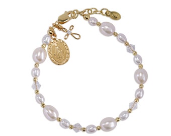 Girls 14K Gold-Plated First Communion Cross Bracelet with Miraculous Medal and Freshwater Pearls, Kids Children's Catholic Religious Jewelry