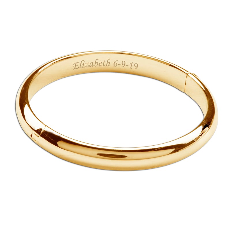 14K gold plated bangle with optional engraving personalization of a name and a date.
