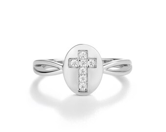 Sterling Silver Oval Cross Ring Accented with CZs for Girls, Teens, Women, First Communion or Confirmation Gift, Religious Christian Jewelry