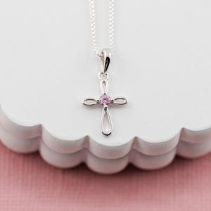 Girls Sterling Silver Pink Infinity Cross Necklace, Baby Baptism Christening Gift, Kids Catholic First Communion or Confirmation Jewelry