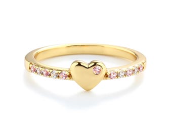 Little Girls 14K Gold-Plated Puff Heart Ring with Pink CZ's, Gift for Toddler Jewelry, Women & Teens Pinky Ring, New Baby Girl Gift, Easter