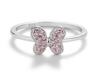 Little Girls Sterling Silver Pink Crystal Butterfly Ring with Sparkling CZs for Babies, Kids, Toddlers Jewelry, October Birthstone Ring