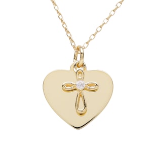 Personalized First Communion Gift for Girls, 14K Gold-Plated Cross Necklace with FREE Engraved Name on Heart Charm, Catholic Religious Gift