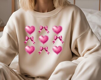 Valentines day PNG, pink hearts, red hearts, pink bow, red bow, preppy, coquette bows preppy valentines day shirt