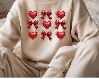 Valentines day PNG, pink hearts, red hearts, pink bow, red bow, preppy, croquette bows preepy valentines day shirt