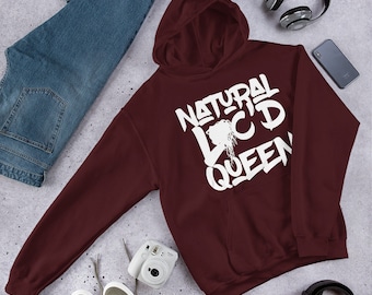 Natural Loc'd Queen Hoodie, Natural Locd Sweatshirt, Hoodie med naturligt hår, skjorta med naturligt hår, loc-skjorta