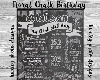 Floral Chalk Birthday Stat "Chalkboard" (Digital Poster)-ANY AGE/COLORS