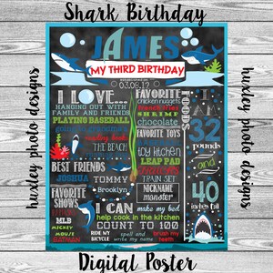 Shark Birthday Stat "Chalkboard" (Digital Poster)- ANY COLORS- Any Age