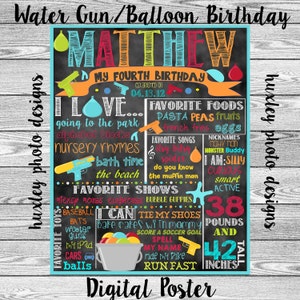 Water Guns/Water Balloons Birthday Stat &quot;Chalkboard&quot; (Digital Poster)
