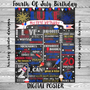 Fourth Of July/Fireworks Birthday Stat &quot;Chalkboard&quot; (Digital Poster)- ANY COLORS