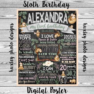 Sloth Birthday Stat &quot;Chalkboard&quot; (DIGITAL Poster)- ANY COLORS