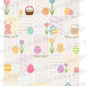 以下が含まれることがあります： パステルカラーのチューリップ、卵、ひよこ、ウサギが描かれた、16種類の異なるイースターテーマのパターンを含むデジタルペーパーパック。スクラップブッキング、カード作り、その他のクラフトプロジェクトに最適です。