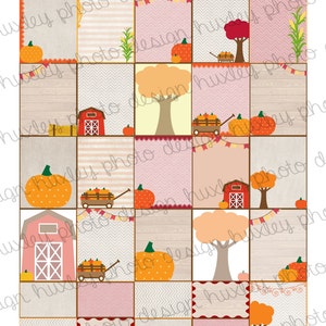 Könnte beinhalten: Ein druckbares digitales Papier mit Herbstthema. Das Papier zeigt ein Raster mit 16 Quadraten mit verschiedenen Designs, darunter Kürbisse, Bauernhäuser, Bäume und Erntedankdekorationen. Das Papier ist perfekt für Scrapbooking, Kartenherstellung und andere Bastelprojekte.