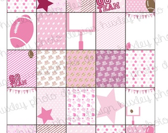May include: A set of 16 digital printable scrapbook paper squares featuring a pink and brown colour scheme with football, stars, and stripes patterns. The text "GO TEAM" appears on two of the squares.