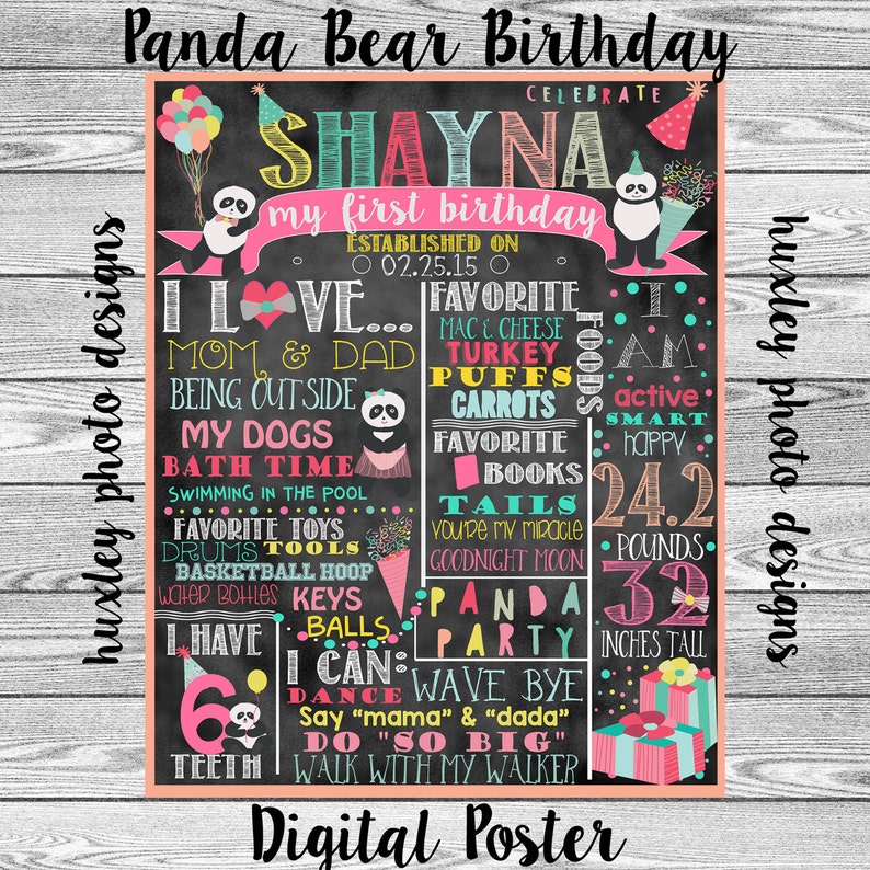 Digital Poster Panda Bear Birthday Stat Chalk board