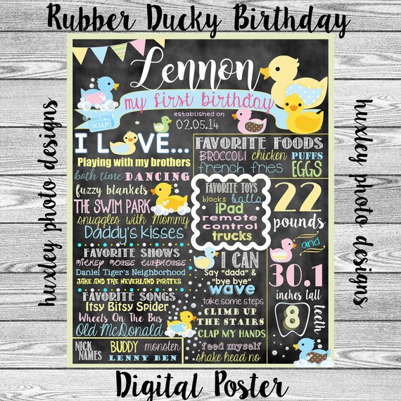 Rubber Ducky Birthday Stat "Chalkboard" (Digital Poster)-ANY AGE/COLORS