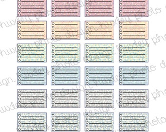 May include: A printable sheet of 18 checklist boxes with different glitter patterns. Each box has five lines and a circle for checking off items. The patterns include pink, yellow, blue, and gray.