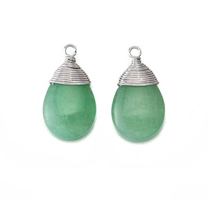 Green Aventurine Gemstone Pendant . Jewelry Craft Supplies . Polished Original Rhodium Plated over Brass / 2 Pcs DG003-PR-GA image 1