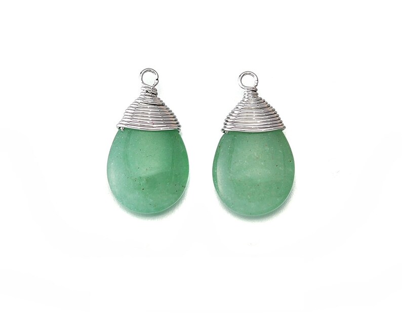 Green Aventurine Gemstone Pendant . Jewelry Craft Supplies . Polished Original Rhodium Plated over Brass / 2 Pcs DG003-PR-GA image 1