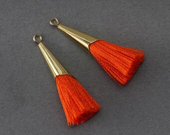 Orange Cotton Tassel .  Jewelry Supplies . 16K Polished Gold Plated over Brass Cap - 2 Pcs / GT006-PG-OR