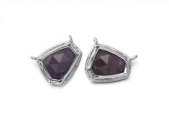Amethyst Gemstone Pendant . Polished Original Rhodium Plated / 2 Pcs - DG066-PR-AM