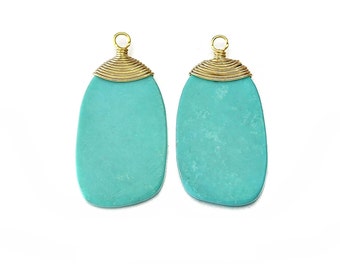 Turquoise Gemstone Pendant . Jewelry Craft Supplies . 16K Polished Gold Plated over Brass  / 2 Pcs - DG015-PG-TQ