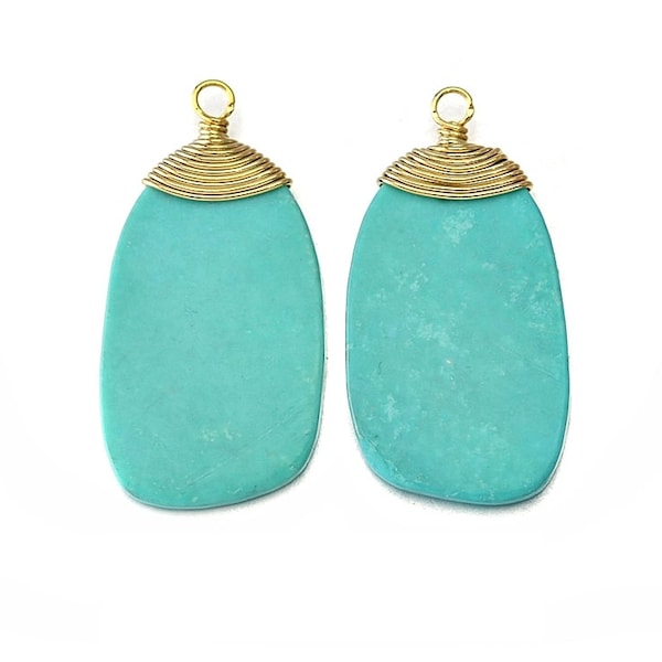 Turquoise Gemstone Pendant . Jewelry Craft Supplies . 16K Polished Gold Plated over Brass  / 2 Pcs - DG015-PG-TQ