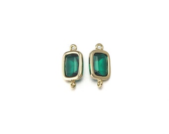 Emerald Glass Connector . Jewelry Craft Supplies . 16K Polished Gold Plated over Brass  / 2 Pcs - CG045-PG-EM