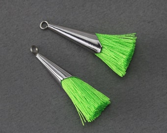 Neon Green Cotton Tassel . Jewelry Craft Supply . Polished Original Rhodium Plated over Brass Cap / 2 Pcs - GT006-PR-NGR