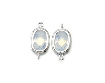 Opal  Glass Connector . Wedding, Bridal Jewelry Supplies . Polished Original Rhodium Plated over Brass  / 2 Pcs - CG053-PR-OP