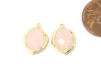Rose Quartz Gemstone Pendant . Jewelry Craft Supplies . Polished Gold Plated / 2 Pcs - DG117-PG-RQ