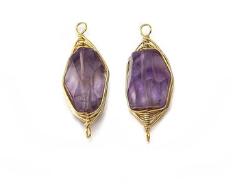 Amethyst Edelstein-Verbinder. Schmuck Bastelbedarf . 16K Poliert, vergoldet über Messing / 2 Stück - DG002-PG-AM