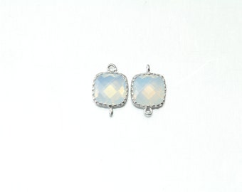 Opal Glass Connector . Jewelry Craft Supplies . Polished Original Rhodium Plated over Brass  / 2 Pcs - AG006-PR-OP