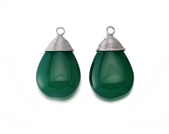 Green Agate Gemstone Pendant . Jewelry Craft Supplies . Polished Original Rhodium Plated over Brass  / 2 Pcs - DG005-PR-GA