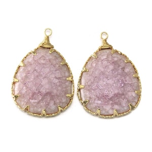 Pink Ceramic Pendant . Jewelry Craft Supplies . Polished Gold Plated over Brass  / 2 Pcs - DG039-PG-PK