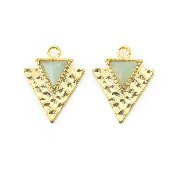 Triangle Amazonite Gemstone Pendant . Jewelry Craft Supplies . Polished Gold Plated over Brass  / 2 Pcs - DG054-PG-AZ